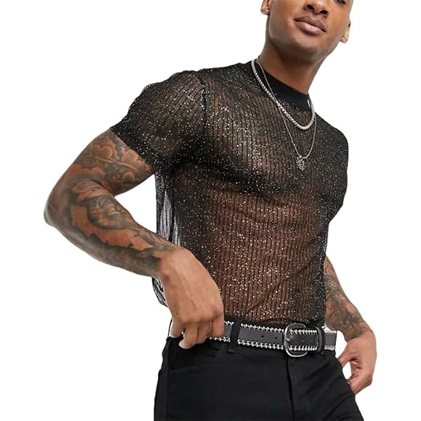 Gsywaipei Men Transparent Mesh Short Sleeves See Through Club